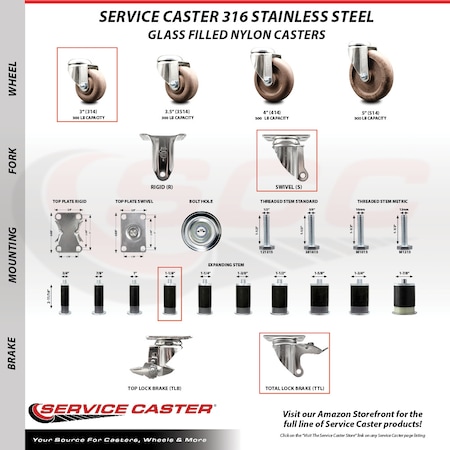 Service Caster 3 Inch 316SS High Temp Glass Filled Nylon 1-1/8 Inch Stem Caster Lock Brake SCC SCC-SS316TTLEX20S314-GFNSHT-118